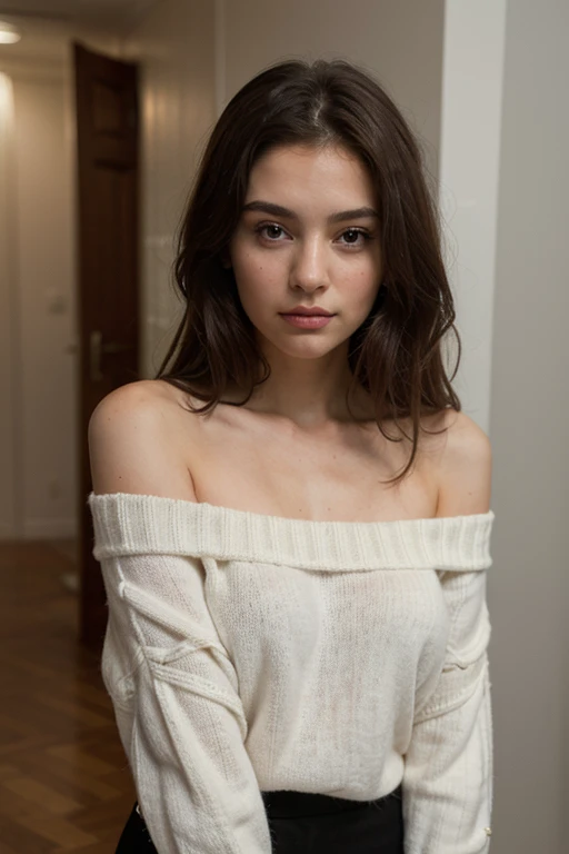 ((Mejor calidad)), ((obra maestra)), (detallado), cara perfecta, mandy kay, sonriente, off-shoulder sweater, cabello rizado, 18 years old, looking to the camera,primera plana, mirando de costado