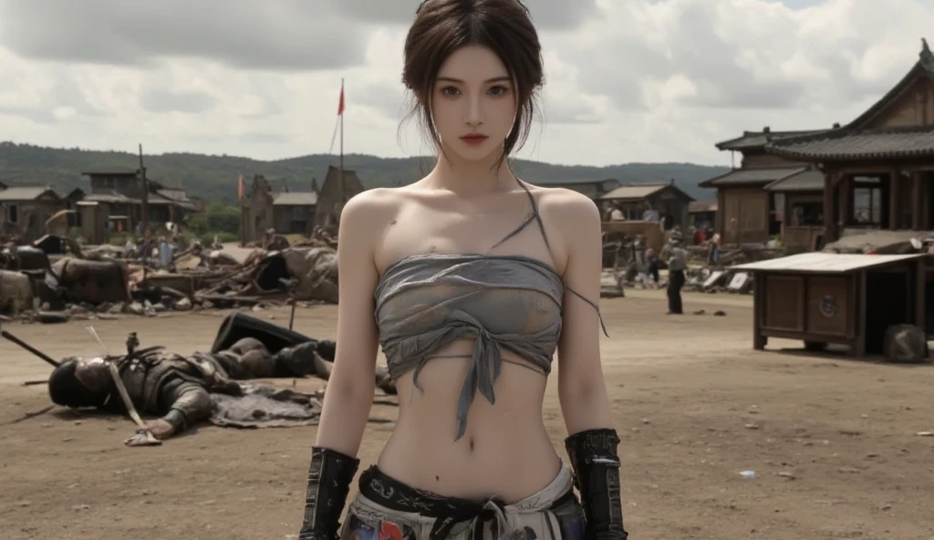 almost topless, small breast, gloves, serious face, black cargo pants, combat knife, desert scarf, scarf covering mouth, desert oasis, extremely detailed eyes, extremely detailed face, best quality, extremely detailed, ultra-detailed, (realistic, photo-realistic:1.3)