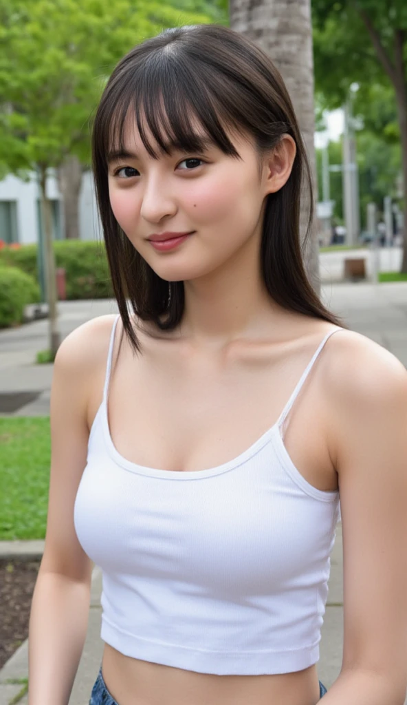 high school girl、((highest quality、8K resolution、master masterpiece、portrait:1.3)), Photoreal, 35mm film, 1 Japanese female, Upper body、on the street during the day,tassel 、 wrinkles around the eyes, plump body_large breast,(((Tank top))),smile , (outdoor:city street 1.3), jumbled background,look at the audience,Tokyo cityscape:1.3,smile、