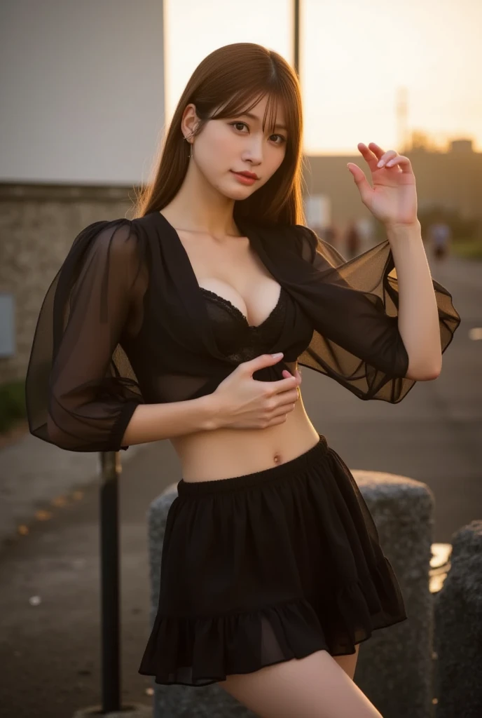 masterpiece,highest quality,Small face,smile,Beautiful Face,Exposed shoulders,Foot exposure,Black Hair,Slim figure,Brown eyes,Crisp contrast,Exquisite illustrations,Fantastic night view,river view,High Contrast,Dazzling Light,Ponytail Hair,Black outfit,Beautiful ponytail,photograph,High resolution,4K,8k,Bokeh,
