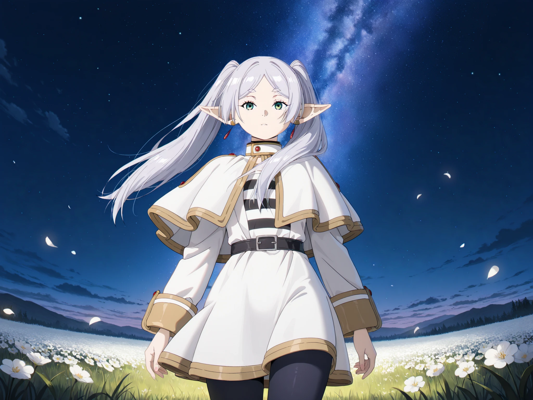 solo, female focus, 1 girl - Frieren from Frieren, grey hair, long hair, green eyes, twintails, parted bangs, earrings, pointy ears, frieren, elf, capelet, black pantyhose, boots, striped, night sky, night time, outdoors, grass field, white flowers, high detailed, best quality, upper body, ultra detailed, highres, best quality, semrealistic, cowboy shot, looking at viewer, masterpiece, best quality, very aesthetic, absurdres, masterpiece, exquisite quality, highest quality, masterpiece, highest quality, (alone), Textured skin, absurdes, High resolution, best quality, highres, ((((highest quality)))), (((Ultra-precision CG 16K))), (((masterpiece))), (((Very detailed))), (((Extremely detailed))), Maximum clarity and sharpness, Surface Shading, Cinematic lighting, Beautiful details ,Perfect Proportions, accurate, Anatomically correct, Highly detailed face and skin texture, Highly detailed facial and skin texture, Detailed eyes, beautiful hair, Beautiful, Beautiful and beautiful eyes, Beautiful body, Beautiful breasts, Beautiful thighs, Beautiful legs, Beautiful fingers , ((Beautiful Skin))