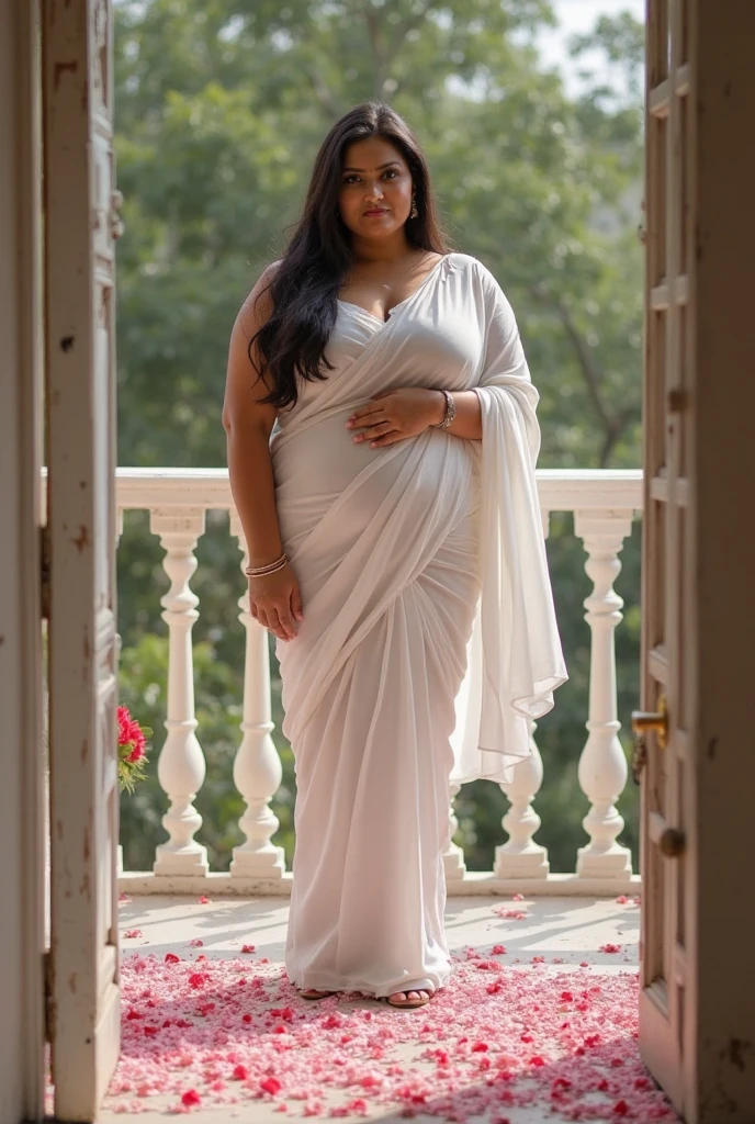 Day scene, A radiant, full-figured South Indian 3 aunty a white colour chiffon gown ,standing, in a office captured in a full-body image with vibrant hues and meticulous details. Full body image