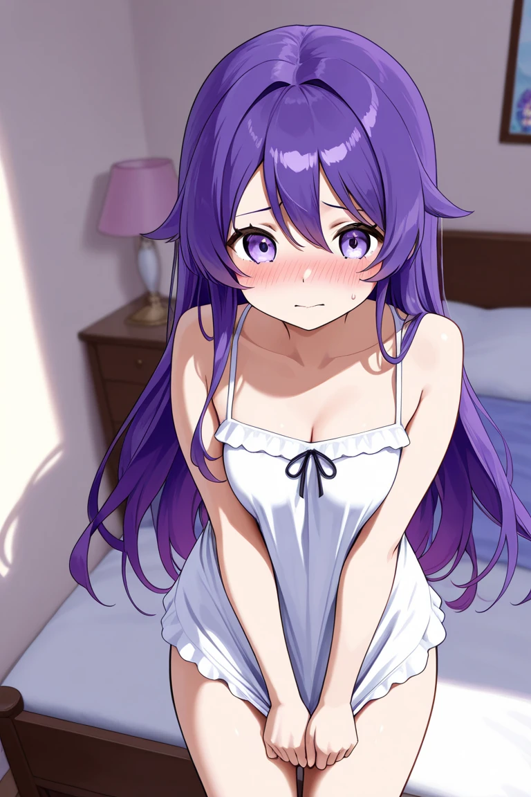 masterpiece, highest quality, High resolution, (1 Girl), masterpiece, highest quality, High resolution, Panties pulled aside fuck | Sex Lora 011 | Perfect , on bed, bedroom, Hitagi Senjogahara, Senjougahara Hitagi, Long Hair, blue eyes, Purple Hair, (Medium chest:1.2), (Embarrassed face:1.3),