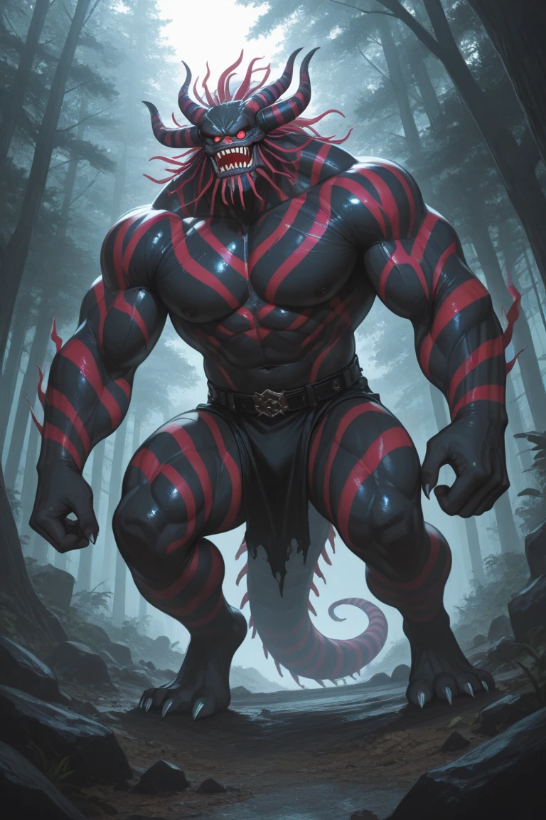 solo, breath (ultra detailed), a beautiful and detailed full size portrait of a male anthro batzz, demon lord dragon batzz, dragon tail, green eyes, glowing eyes, black body, black skin, long hair, red hair, horns, scar, tail, bedroom eyes, detailed eyes, big body, sexy body, (wide body). goddess, kenket, Ross Tran,ruan jia, trending on artstation,foxovh, cenematic lighting, front view, vip, buff, big pecs, muscular anthro, spike arms, strong legs, ((big pecs, nipples, big pecs, blue shorts, bulge))), day, wet, front view, walking, arms behind head, seductive, ruins, sweating, open mouth, raining, angry
