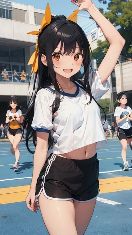 1 female,Black Hair,((12 years old)),(((White and blue sports bra and shorts)))(((blush、smile)),(((Yuki Mikan))),crowd(Girl's body type)(((Small breasts)))Sexy pose,Outdoor Playground