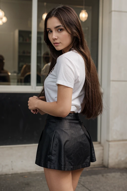 ((best quality)), ((masterpiece)), ((1girl)), solo, city view, ((long hair)), city view based, ((thighhighs)), bare shoulders, ((jewelry)), ((sleeveless)), wearing silk shirt, wearing Loose skirt, thigh-high, from behind.
