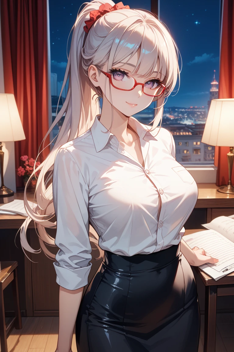 Sweet expression, Lying down, White glasses, super long white hair, (8k, original photo, Reality:1.25) ,( Lip Gloss, eyelash, Bright face, Glowing skin, best quality, Ultra-high resolution , Depth of Field, Chromatic Aberration, Caustic lines, The width light, Natural shadows, Hallyu idol) Look at the audience with calm and goddess-like happiness, whole body, Large Breasts, White lingerie, black, Transparent shirt, White shirt, secretary,