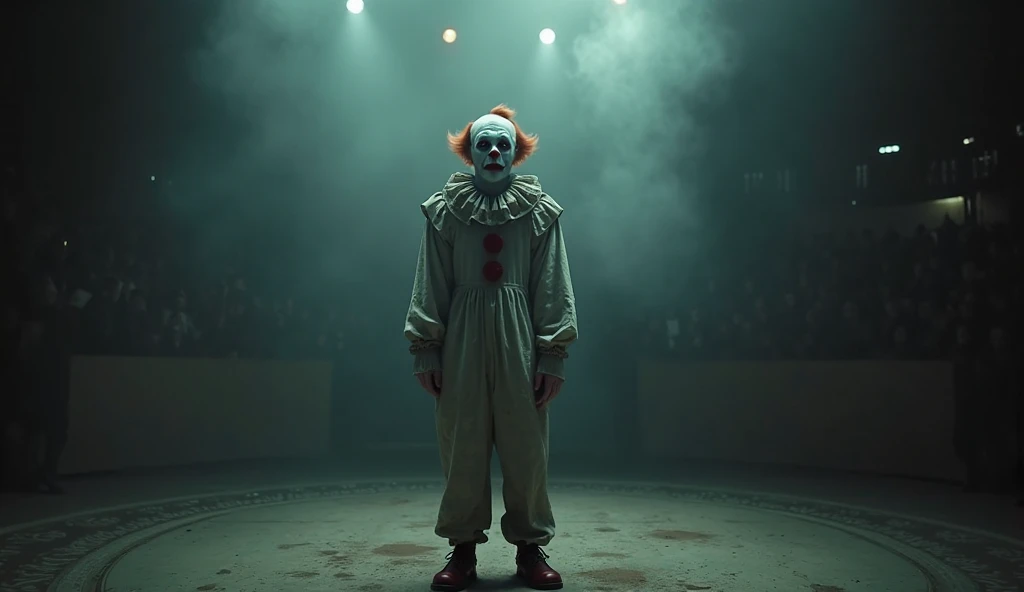 A photo of a 1970s horror movie scene set in a circus. A clown with a red nose and a striped suit is holding a bloodied knife. The background reveals a tent with the words "Circus of Horrors". The lighting is dim.