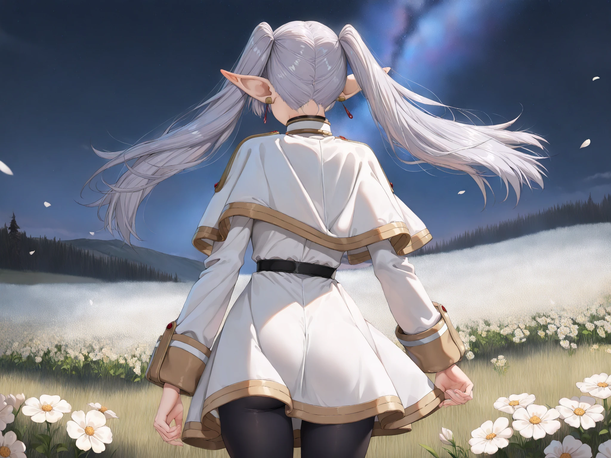 solo, female focus, facing away, back view, 1 girl - Frieren from Frieren, grey hair, long hair, green eyes, twintails, parted bangs, earrings, pointy ears, frieren, elf, capelet, black pantyhose, boots, striped, night sky, night time, outdoors, grass field, white flowers, high detailed, best quality, upper body, ultra detailed, highres, best quality, semrealistic, cowboy shot, masterpiece, best quality, very aesthetic, absurdres, masterpiece, exquisite quality, highest quality, masterpiece, highest quality, (alone), Textured skin, absurdes, High resolution, best quality, highres, ((((highest quality)))), (((Ultra-precision CG 16K))), (((masterpiece))), (((Very detailed))), (((Extremely detailed))), Maximum clarity and sharpness, Surface Shading, Cinematic lighting, Beautiful details ,Perfect Proportions, accurate, Anatomically correct, Highly detailed skin texture, Highly detailed skin texture, beautiful hair, Beautiful, Beautiful and beautiful eyes, Beautiful body, Beautiful breasts, Beautiful thighs, Beautiful legs, Beautiful fingers , ((Beautiful Skin))