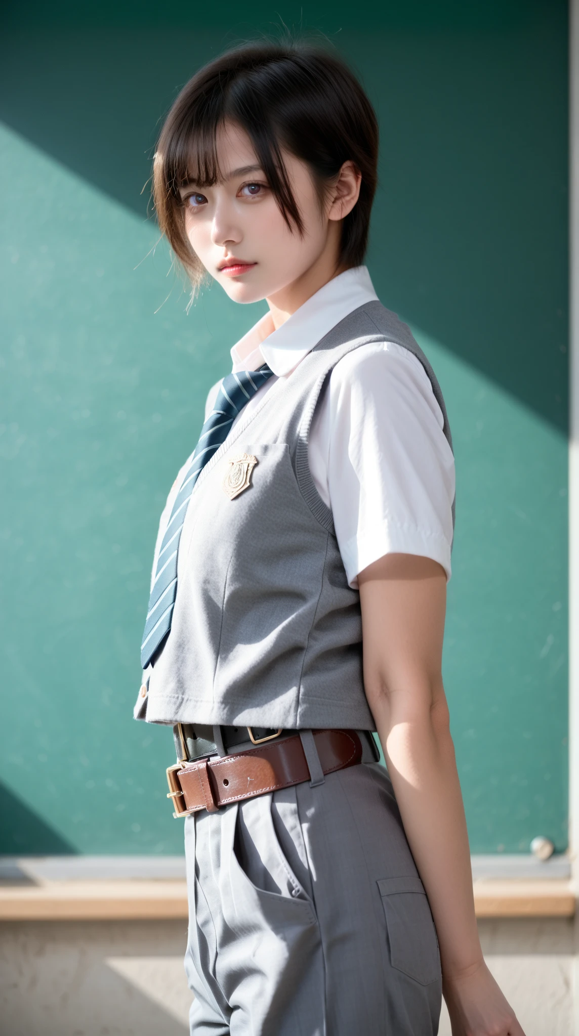 Realistic, High resolution, 1 female, Hip-up illustration enlarged、Beautiful Eyes, The eyes are round, Brown short hair ,High School Uniform、Blue Shirt, Without skirt、Short tie,Purple underwear,squat, Spread your legs,Camel Toe