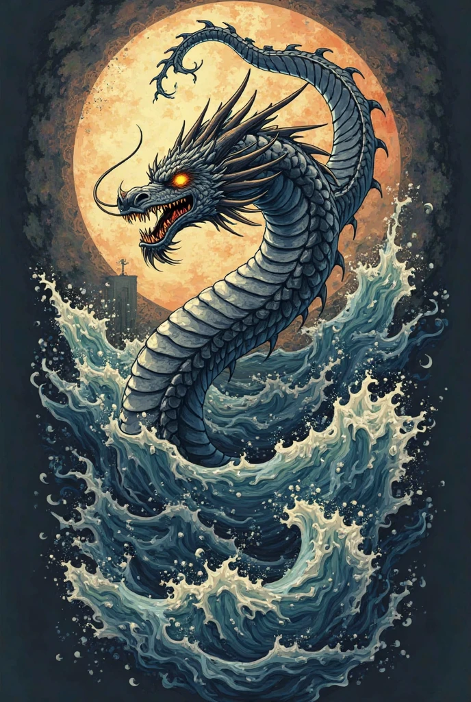 t-shirt design, Design a menacing black t-shirt with a full body Chinese dragon motif inspired by heavy metal music aesthetics. The artwork features a sleek, pale golden and pale green Chinese dragon coiled sinuously, its scales glistening in the dim light. The Chinese dragon's mouth is wide open, revealing rows of razor-sharp teeth dripping with blood, exuding a sense of raw, primal aggression, bright sky and big sun in background, enhancing the ominous atmosphere of the design. The dragon's eyes gleam with a malevolent glint, capturing the essence of danger and violence. The overall style is bold and intense, embodying the dark and edgy spirit of heavy metal music..