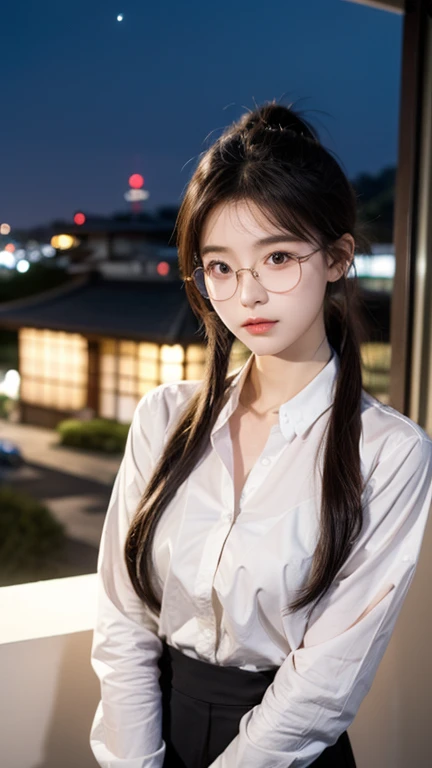 Photo of a beautiful woman standing on a street corner, (masterpiece:1.2, highest quality), (Realistic, photoRealistic:1.4), Beautiful illustrations, (Natural Side Lighting, Cinema Lighting), Written boundary depth, Beautiful thighs staring at the viewer, (((Face Focus, Upper Body))), 1 female, 30-year-old, alone, thin, slender, small breasts!!!, Long Hair, Straight Hair, thin, slender, (((glasses))), White blouse with formal collar, Skinny black pants, Are standing, New York 25th Street