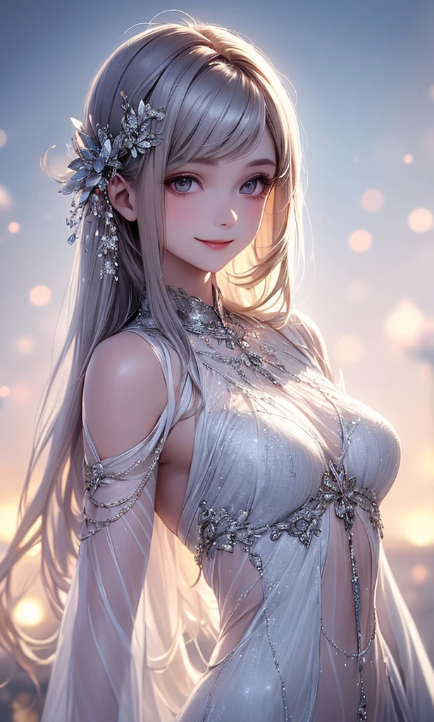 (Close-up image)((masterpiece:1.5,Highest quality,Highly detailed images,Beautiful images、Realistic、Photorealistic、2.5D))(1girl, 独奏,)(Adult women、medium beautiful breasts, white hair, Arrange Hair、 beautiful eyes、Beautiful cleavage)(cleavage_cutout, silk, Long dress)(smile, wind, floating hair)(dark、Soft lighting、Fantastic Background)