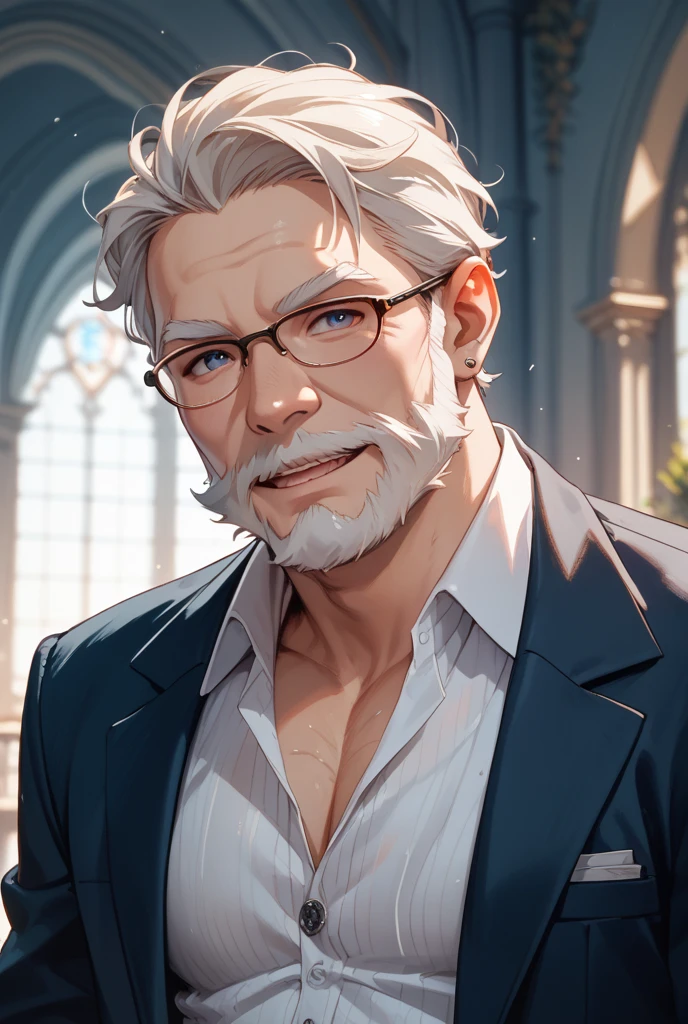 close up, older man, white hair, vest, long sleeve shirt, muscle, handsome, masculine, hip up shot, loose tie, glasses, ((open vest, opens shirt)), hairy white chest, sitting, spread legs, one arm up, smirk, ((white body hair)), hairy armpits, kept beard, big chest, nipples