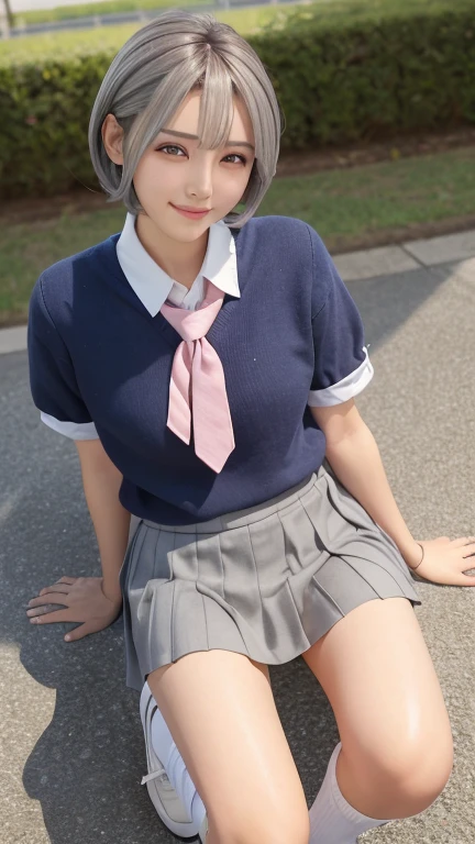 masterpiece, best quality, ((female teen)), (((turn over the skirt))),(cinematic proof),clear face, cute teenage girls,perfect anatomy, happy smile,winkking,open legs,silver short hair,blue eyes, realistic face, realistic,dynamic angle, (1girl), solo focus, small breast, ((lolita)),photoreal,hug,looking at viewer,sitting in the park,from below,((outdoor)),14yo, open legs, wet panties