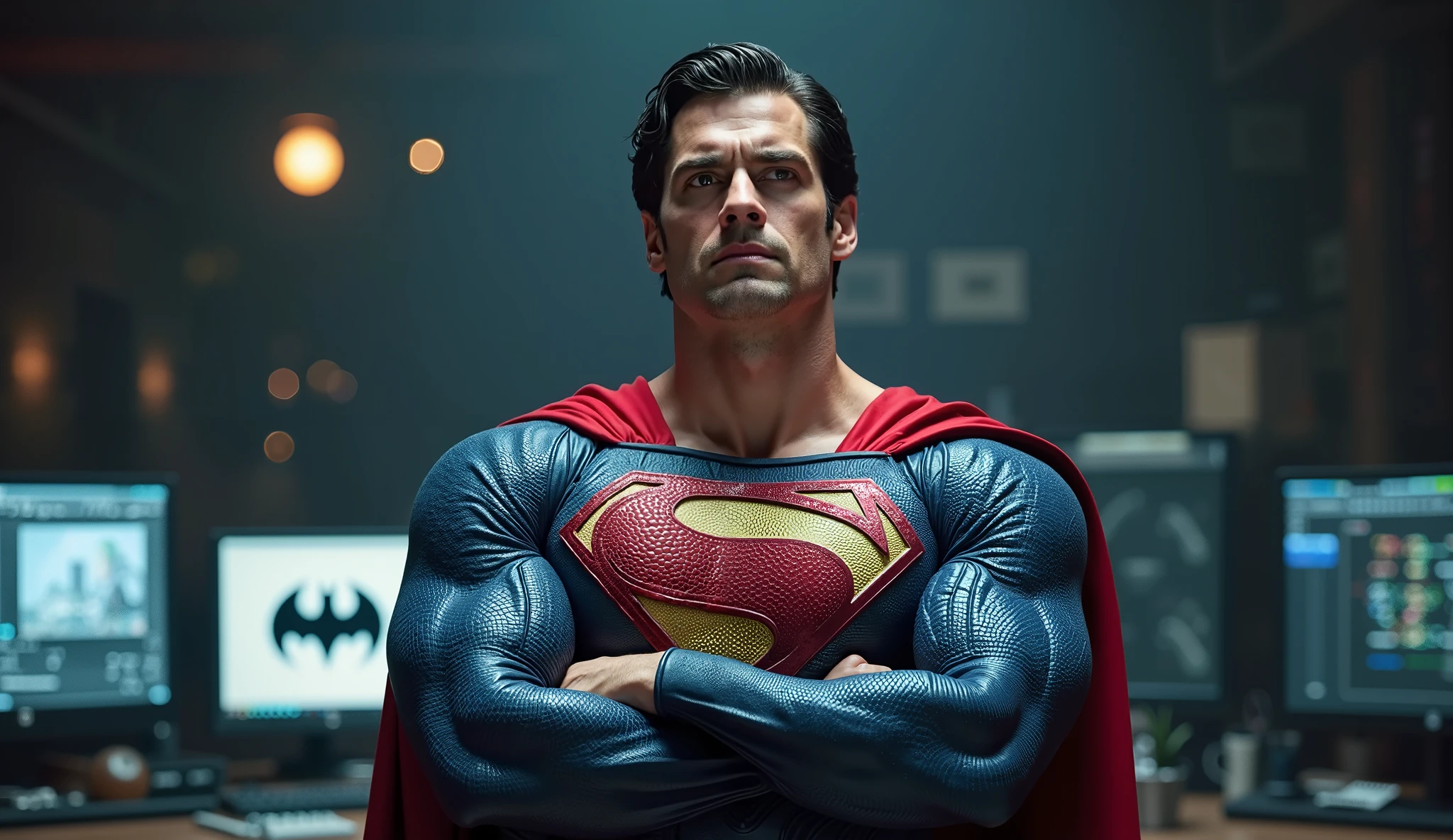 a muscular attractive man, h3nr4, henry cavill,short stubble,blue and red superhero costume,crawling on wooden floor,grimacing facial expression,suffering,pain,hurt,agony,(best quality,4k,8k,highres,masterpiece:1.2),ultra-detailed,(realistic,photorealistic,photo-realistic:1.37),HDR,UHD,studio lighting,ultra-fine painting,sharp focus,physically-based rendering,extreme detail description,professional,vivid colors,bokeh,portrait