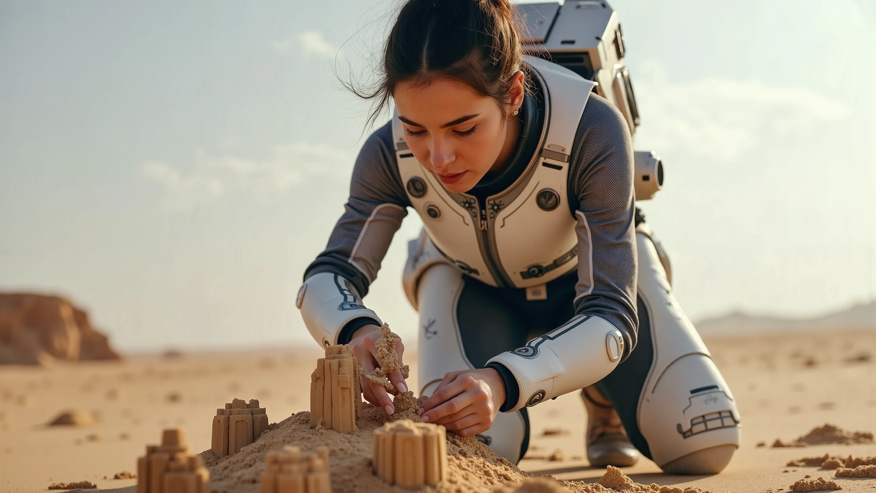 A young woman in a futuristic space suit, kneeling on a sandy planet, building intricate sandcastles with a serene expression. The scene is framed mid-shot, with the vast, barren landscape of the planet in the background. Soft, diffused lighting highlights the details of her suit and the sandcastles. The composition centres on her hands as she carefully shapes the sand, with a sense of tranquillity and focus. extremely detailed realistic natural skin with skin pores, perfect face, highly detailed face and lips, ray tracing, UHD, HDR, 16k, DSLR, masterpiece, photorealistic, award-winning