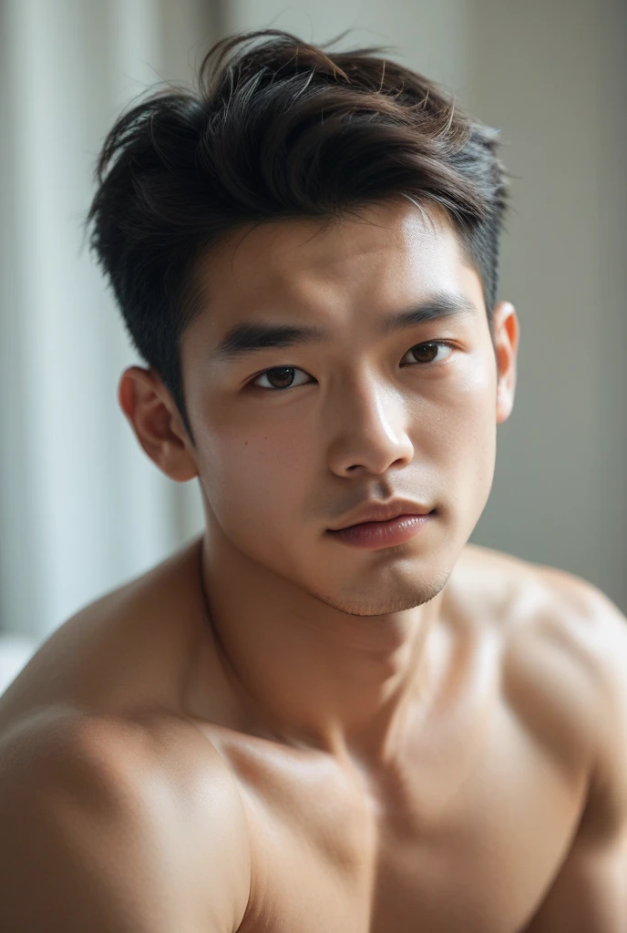 Asian Male, about 25 years old, sharp focus, detailed face, detailed eyes, half body, summer, shirtless, wonderful, camping, view from front
