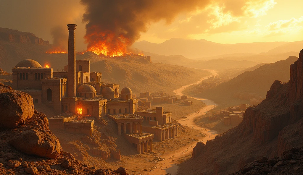 Inspired by John Martin, renaissance trade kingdom at the foot of mountains in a desert being burned to the ground