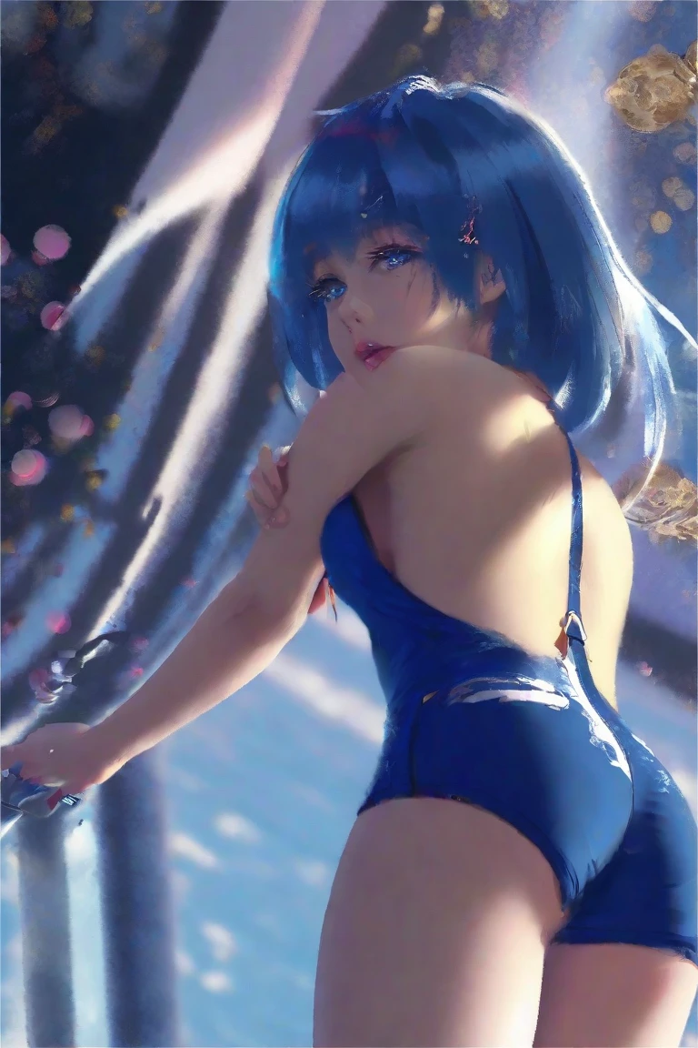 (Rem from Rezero)), proportional body, wet white lingerie, Seated, ass, Raining, Storms clouds, vignette, wood dock, sea, look away from the viewer, dark ambient, shadows, contrast, (View from behind), field of view,
