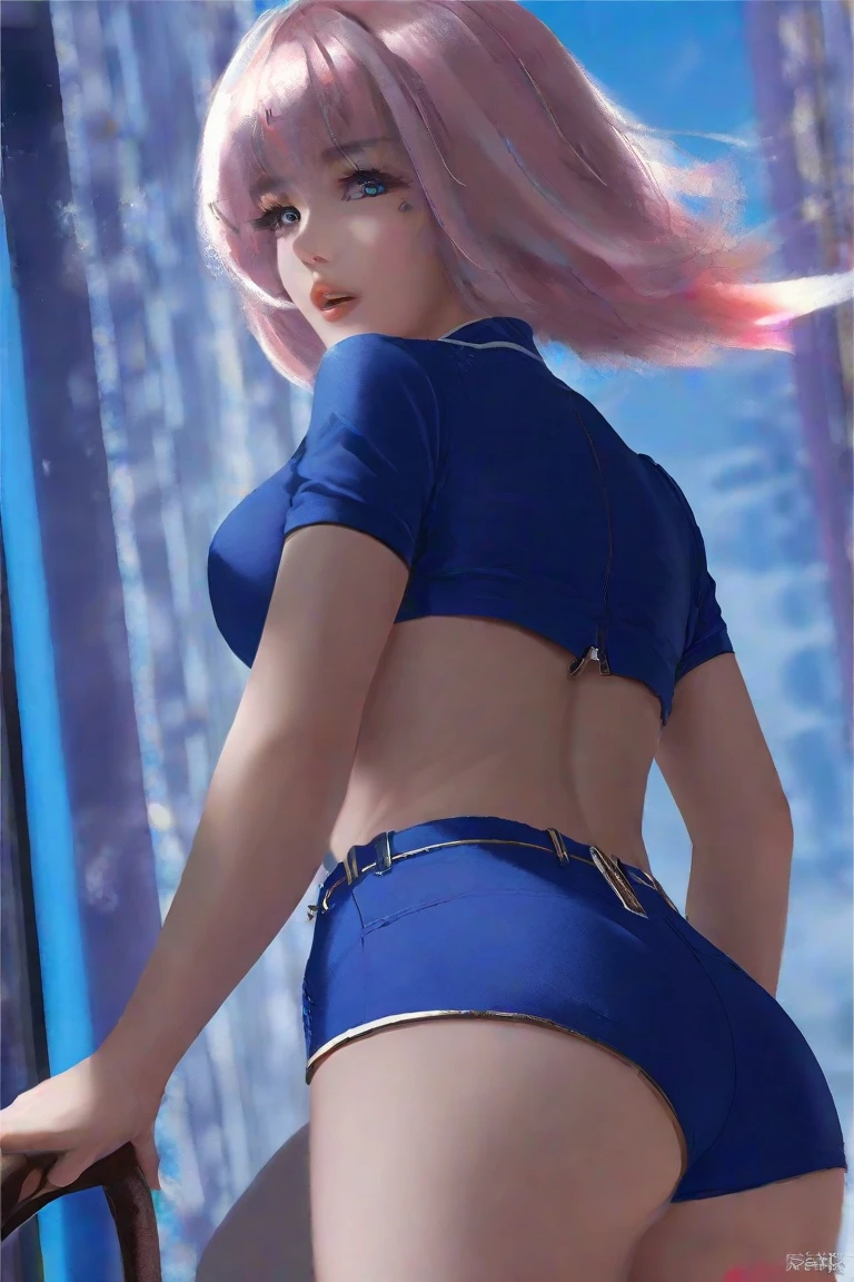 8K, Ultra High Definition, Super detailed, Shiny detailed hair, detailed face, fantasy landscape, solo, looking at viewer, {{best quality}}, {{masterpiece}}, {{ultra-detailed}}, {detailed light}, ultra high quality eyes, detailed eyes, perfect eyes, large eyes, detailed pink eyes, purple hair, long hair, beautiful, skinny body, white skin, slutty, erotic, view from the back, looking from behind, curvy booty, showing the butt, wearing metallic lingerie, ((nsfw))