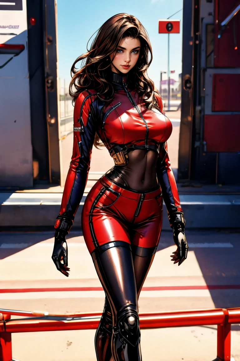 Vladislava Galagan, metallic red skintight dress, black opalescent gloves, cybernetics, futuristic, female CEO, glowing lips, neon lipstick, thick lips, detailed face, mesh half-jacket, full body, green eyes, fitness model, retrofuturism, solarpunk, girly aesthetics, soft aesthetics, soft girl style, penthouse balcony, starry night, skiline, striking illumination, massive legs, tiny waist, cinched waist, wasp waist