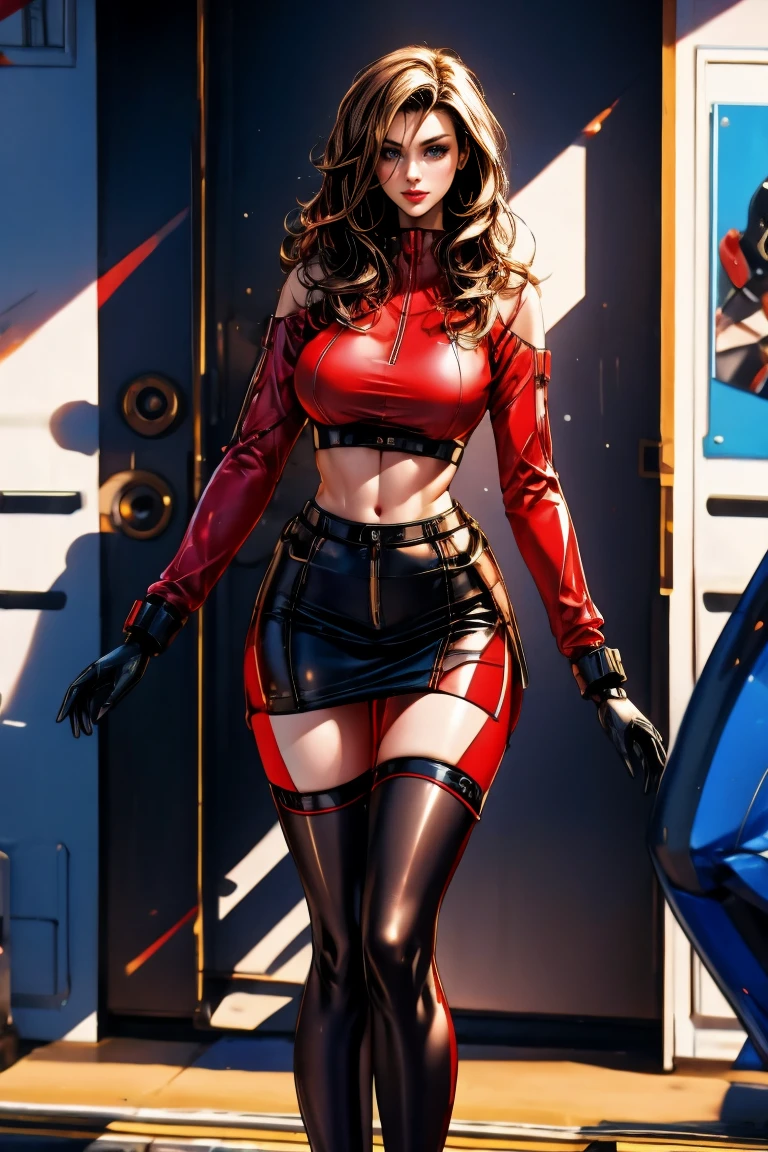 solo exhibition, ultra fine photos, Portrait of Unreal Engine 5 8K UHD girl in skinny futuristic red latex costume,(((Ridiculously large breasts)))、(Ridiculously huge breasts:1.5)、((huge udder))、Wear with a white jacket,Sleek red suit,Red Iconic Figures,smooth red skin,Red body,PVC,Shiny latex clothes,rubbersuit,rubber belts,neckwear,Futuristic full-face helmet,Futuristic rubber gloves,Futuristic high boots,arm and leg cuffs, band, Cyberpunk world, Have a gun, best qualtiy, tmasterpiece, offcial art, Unified 8K wallpapers, super detailing, tack sharp focus, dynamicposes, Body parts, no extra limbs, Precise anatomy