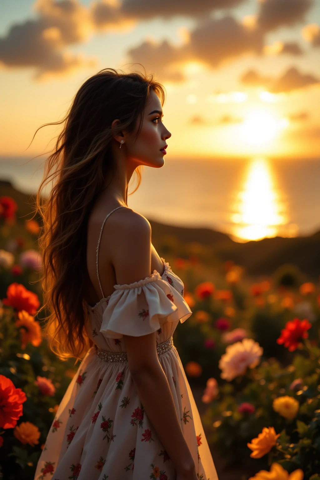 A woman in a beautiful dress watching a beautiful sunset,On a hill with a good view of the sea, Lots of flowers, 4k, high res, Realistic, Professional , elaborate, dramatic lighting, Vivid Colors, Beautiful skin tone, Detailed description , Delicate Wrinkles, Soft dress texture, colorful flower garden, Peaceful ocean scenery, warm golden light, photography
