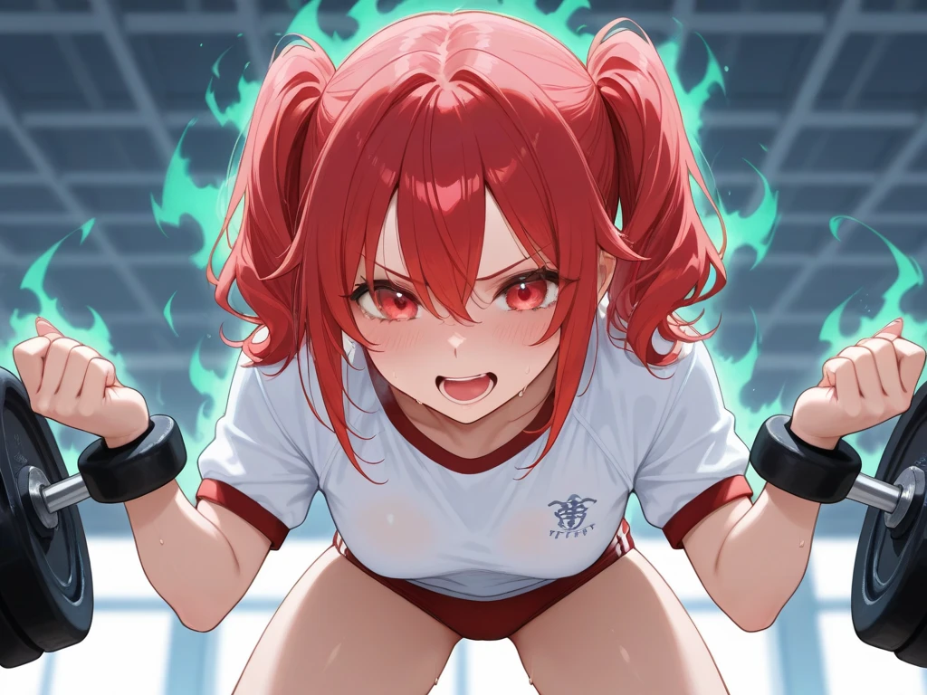 Workout, pussy, underboob, at home, red hair, red eyes, glowing eyes, rubbing pussy