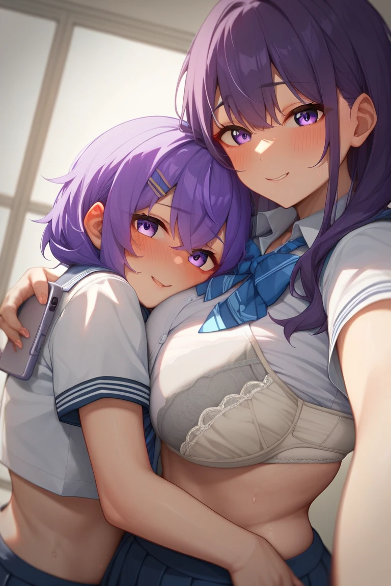 (Hugging, 2girls:1.5, sailor uniform, half naked, enormous gigantic breast:1.5, bedroom background ), (masterpiece, best quality, ultra detailed), (perfect anatomy, detailed soft skin, detailed face, detailed eyes, detailed hair, detailed perfect hands), (in Kyoto animation style:1.2, ),