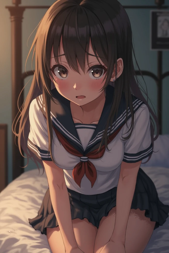 Anime style, a shy and blushing female character in a school uniform sitting on a bed in a cozy bedroom. The scene is from a first-person perspective from the side, with the viewer sitting very close next to her and looking at her side profile, almost as if the viewer's shoulder is touching hers. The bedroom should have warm, soft lighting, and the character should have a cute and slightly embarrassed expression