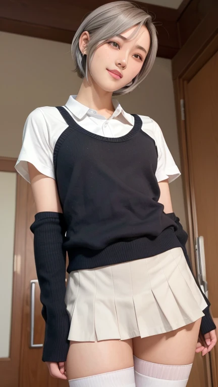 (masterpiece:1.2, highest quality), (realistic, photorealistic:1.4), beautiful illustrations, (natural side lighting, movie lighting), Depth of written boundary,
looking at the viewer, Front view, 1 girl, English, high school girl, 18 years old, perfect face, Cute symmetrical face, shiny skin, open legs,
(bob hair:1.7,blonde), asymmetrical bangs, Big eyes, droopy eyes, long eyelashes chest), thin,
beautiful hair, beautiful face, fine and beautiful eyes, beautiful clavicle, beautiful body, beautiful breasts, beautiful thighs, beautiful feet, beautiful fingers,
((fine fabric texture, brown knit vest, short sleeve white collar shirt, navy pleated skirt, Navy bow tie)),
(beautiful scenery), evening, (Inside the flower shop), Are standing, (smile, Upper grade, open your mouth), (((skirt lift, No panties, genitals visible))), full body shot, dark blue socks,