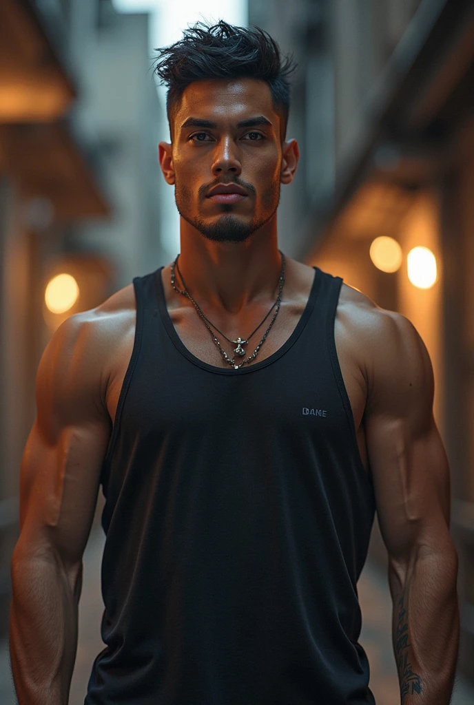 a muscular shirtless dark-haired man with a shaved head and goatee, wearing black shorts and a gold chain necklace with a watch, leaning against a wall, summer sunset scene, Rio de Janeiro, Brazil, highly detailed masterpiece