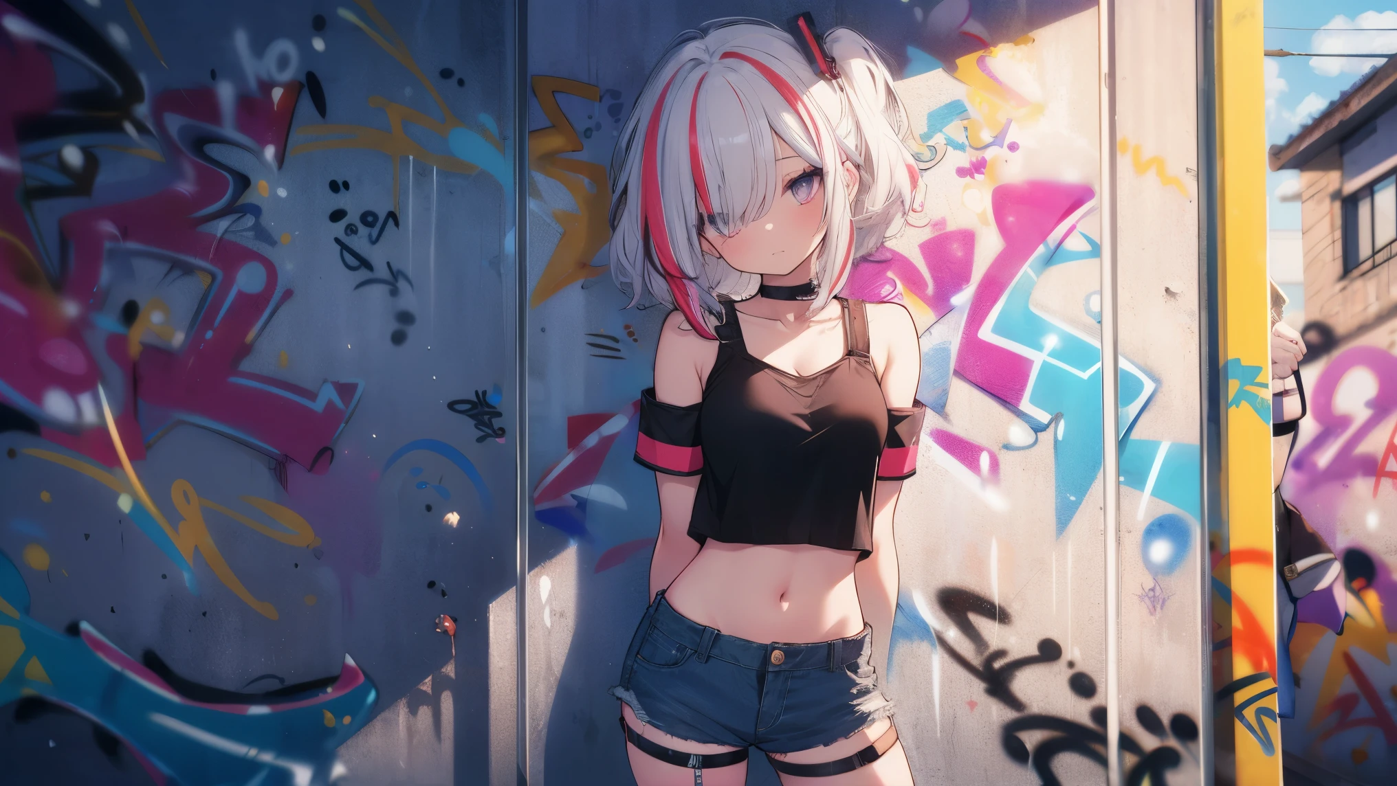 absurdres, best quality,1girl, solo, streaked hair, crop top, denim shorts, choker, (graffiti:1.4), paint splatter, arms behind back, (slouching), (leaning back:0.5), against wall, (leaning to the side:0.5), looking at viewer, armband, thigh strap, streaked hair, paint on body, upturned eyes, head down, head tilt, (from side:1), bored