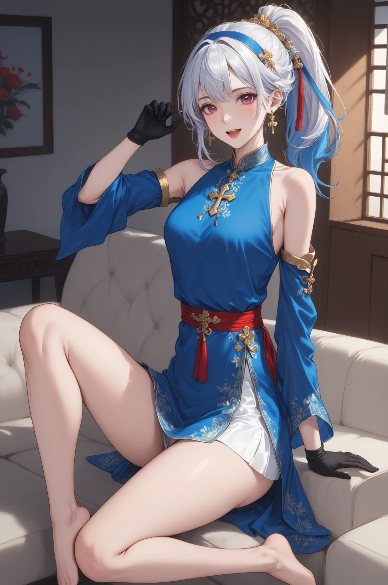 A woman,hands bound,Tape the mouth,Wear blue Hanfu,Long white hair,Wear long blue gloves,Chinese Ancient Architecture,