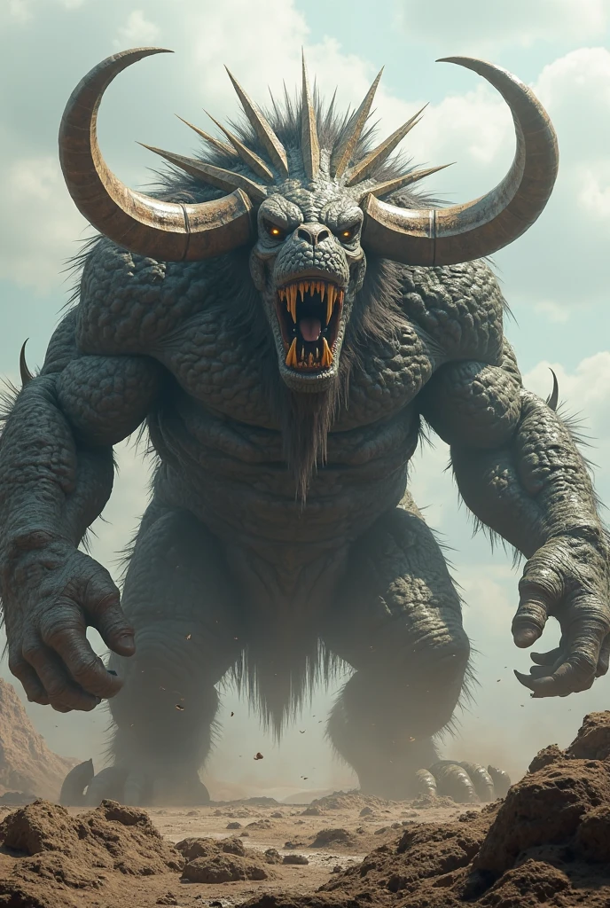 Giant monstrous two-headed rhino beast warrior,double big ax,spiked step,gigantic d&d-sized monstrosity,stark,Stately,huge ass,ferocious,terrifying,beastars,mythical,stark arms,Outgoing muscles,fierce expression,eerie glowing red eyes,fancy,creature,poised for battle,body armor,muscular, threatening presence,Overwhelming power,destructive force,ancestor,legendary,clairvoyant,legendary,roaring with fury,giant horn,indomitable,Lasting,Unstoppable,legendary protector,Divine Strength,Unrest,unleashed,unyielding,majestic,savage power,bloodthirsty,immense power,Monstrous Strength,Invincible, larger than life (best qualityer,4K,8k,high resolution,work of art:1.2),ultra detali,(realisitic,photorealisitic,photo-realisitic:1.37), HDR,ultra HD,studio lighting,ultra-fine painting,sharp focus,Physically based rendering,extreme detailed description,proffesional,bright coloured,bokeh,concept artist.