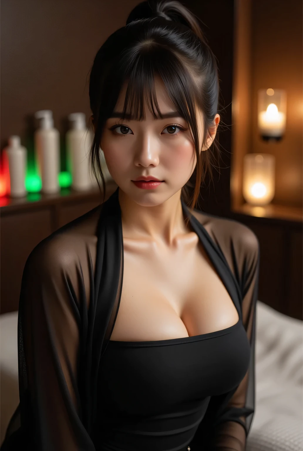 Highest quality, photo realistic, high resolution, masterpiece,
Super beautiful Japanese woman, 50years old, her job is a masseuse, looks like a intimidating dominatrix, closed mouth, condescending gaze, charm with gaze, staring at the viewer, long false eyelashes, makeup, short ponytail,
Tight-fitting tube dress, wearing a see-through bolero that cover shoulders,
Dimly lit high-end massage salon with an adult atmosphere late at night, massage bed, lotion bottles lined up on wall,
Candle lighting, easy-to-see color lighting, colorful to keep.