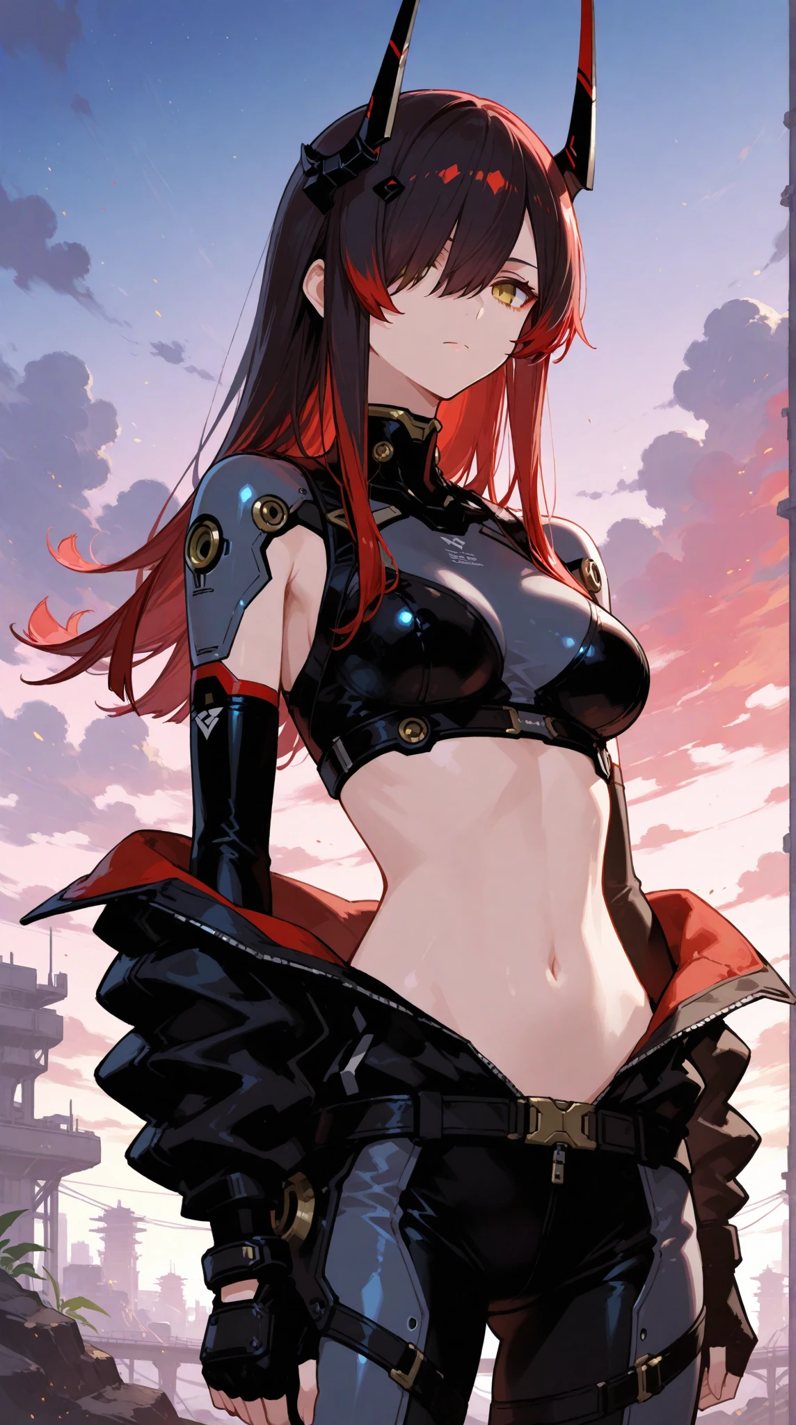最high quality、best image quality、masterpiece、girl((20-year-old、 By becoming、vest bust、medium bust,wide open breast tea、shining eyes, glowing red hair、long hair、thin,highest valley、black and red suit、Wristband、black gloves、fighting pose、inflammation from the whole body、sharp nails、back view、Lock)),high quality、beautiful art、background((inflammation、volcano、magma、eruption、meteorite、bright red sky、firebird))、Flight、debris flies、Depth of written boundary、movie、visual art、perfect art、8K,genuine、
