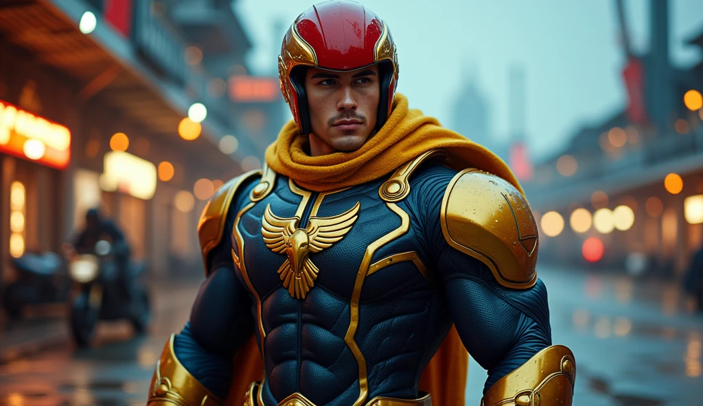 Dressed as the superhero “Mental Mind” a very handsome, sweet and truly massive monster Caucasian bodybuilder is showing off his huge bicep muscles and meaty thighs. Intense young adult. brown hair, powerfully muscled, massive shoulders and biceps. well-defined six pack. Thick gold necklace. Eye mask and cape. Full body image.