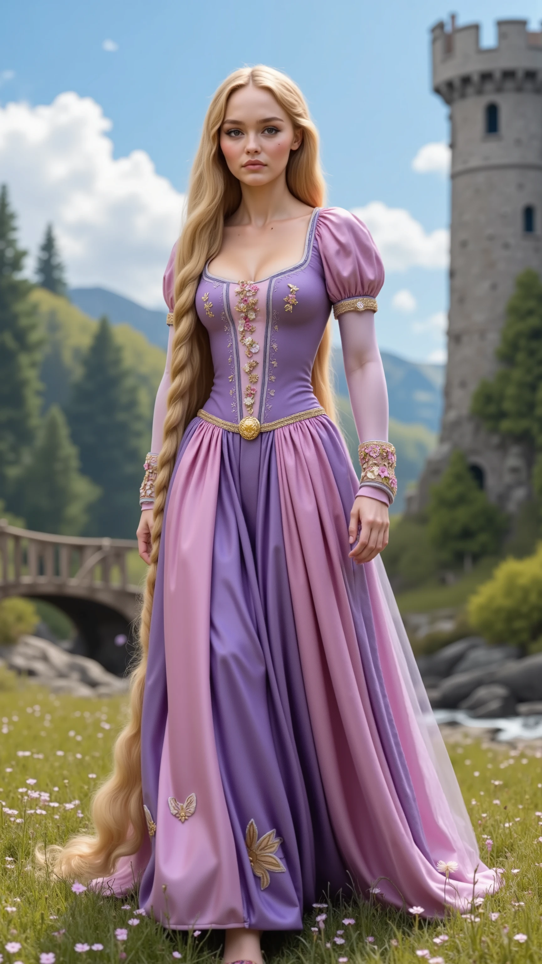 Lily-Rose Depp reimagined as Rapunzel walking, dramatic atmosphere, 1 female, full figure, full body,
Exceptionally long golden-blonde hair flows down her back in soft waves, reaching past her feet. A few small braids are woven throughout, decorated with tiny pink and lavender flowers.
She wears a fitted lavender and rose-colored gown made of silk and satin. The bodice is laced at the front with soft pink ribbon and decorated with floral embroidery in pale gold thread. Puffy sleeves made of translucent fabric end just above the elbow, where tighter embroidered sleeves extend to her wrists.
The skirt is full and layered, with a top layer of sheer lavender silk revealing a deeper pink underskirt. The hem is embroidered with winding vine patterns and clusters of tiny blossoms. A thin gold belt with a small sun-shaped ornament rests at her waist.
A small flower-filled satchel hangs at her side, crafted from soft leather and tied with a pink ribbon.
Big breasts、 alluring 、shows her female character's full figure, athletic body, perfect face, full body, extremely beautiful, goddess, female shape, perfect anatomy, the background shows a sunlit meadow at the edge of a dense forest. Her stone tower rises in the distance, covered in ivy and blooming vines. Wildflowers blanket the grass, and butterflies move between them. A small brook flows nearby, and a wooden footbridge crosses over it. The sky is clear and blue, with white clouds drifting slowly overhead, sunny day, photorealistic, masterpiece, realistic, high contrast, 8k, HD, high definition detailed, detailed, hyper detailed, realistic skin texture, best quality, ultra high resolution, hyper realistic, no text, very detailed eyes, dramatic lighting