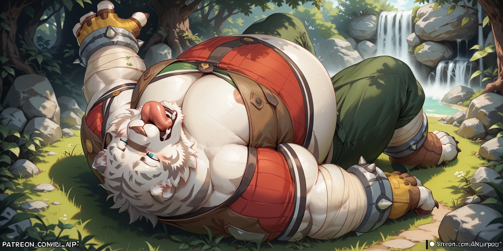 by null-ghost,Score_9, Score_8_up, Score_7_up,Mercenary (Grimoire of Zero).alone, is from white tiger, furry male tiger, (White body), (gray bar), muscular, wred crop top, mercenary vest, mercenary pants, spiked bracelet, arm wraps, shoulder pad, fingerless gloves, ,Thin,Lie down,Tongue,Supine, muscular身体, to bare your upper body, Tail, Chest Focus,Chest muscles, male focus ,Exposed chest and abdomen,Japanese cartoons,big muscle pecs,belly inflation,obese、Jacket buttons pop of、(Tentacles inserted into mouth and throat),(My throat swells as bodily fluids are poured into it),Belly bloat,My pregnant belly is so massive,No abdominal sagging,nsfw,full body,on your back