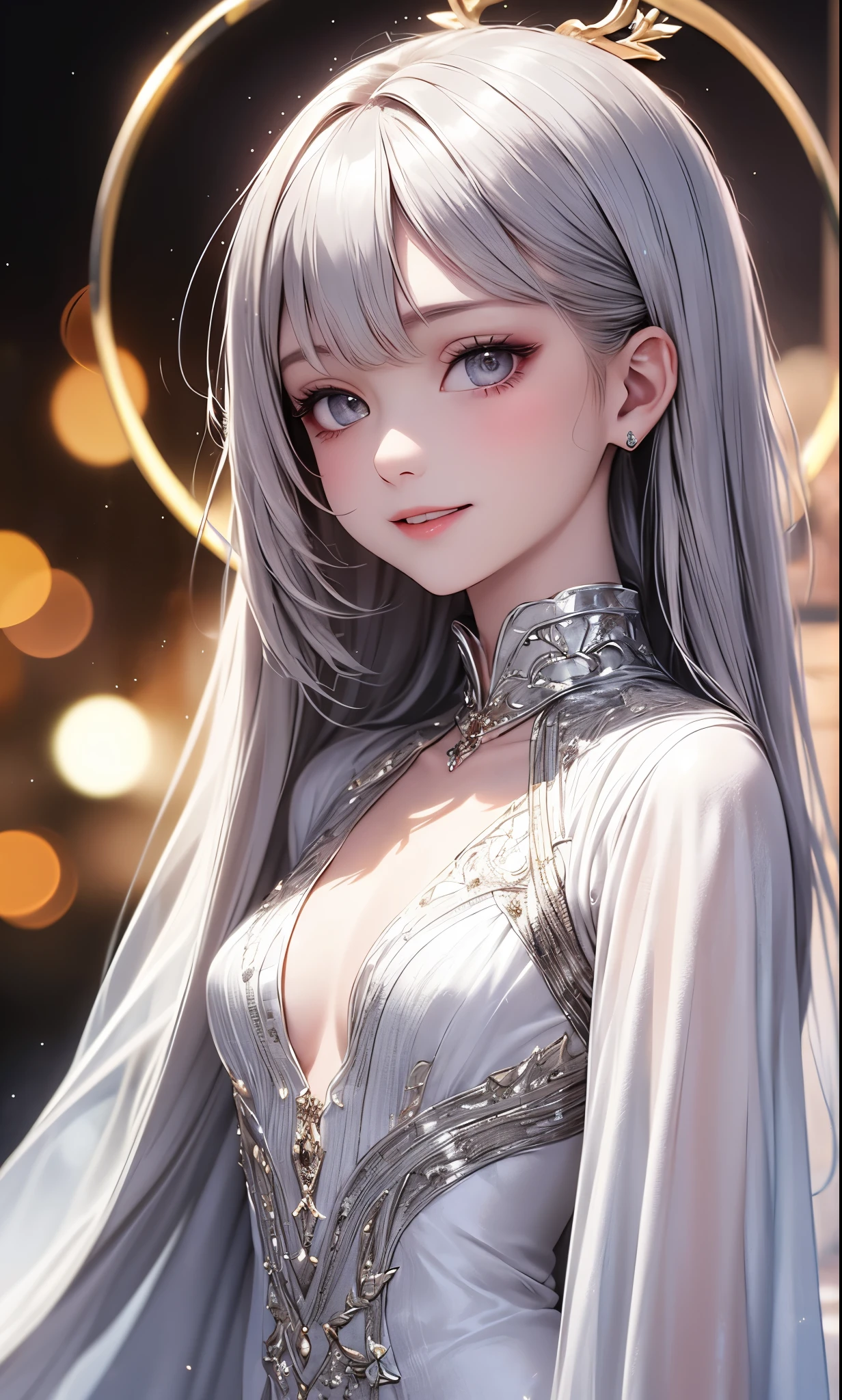 (masterpiece),(4K),High Quality,(small breasts),sexy girl、Sexy Saint , Long Silver Hair ,pale skin,smile, beautifully detailed grey eyes, ( high-definition and elegant ),( white cape let fashion), Magical Color and Atmosphere, detailed skin from sleeve to chest,(Cute sparkle), light particles, The background is softly blurry ,Add a dramatic and iconic element to your scene, description boundary ahead of the large end, Bokeh, Silky to the touch , see-through silk, soft, lightweight garment、beautiful and neat face、see-through 、 hyper details,creates a dreamy and elegant atmosphere