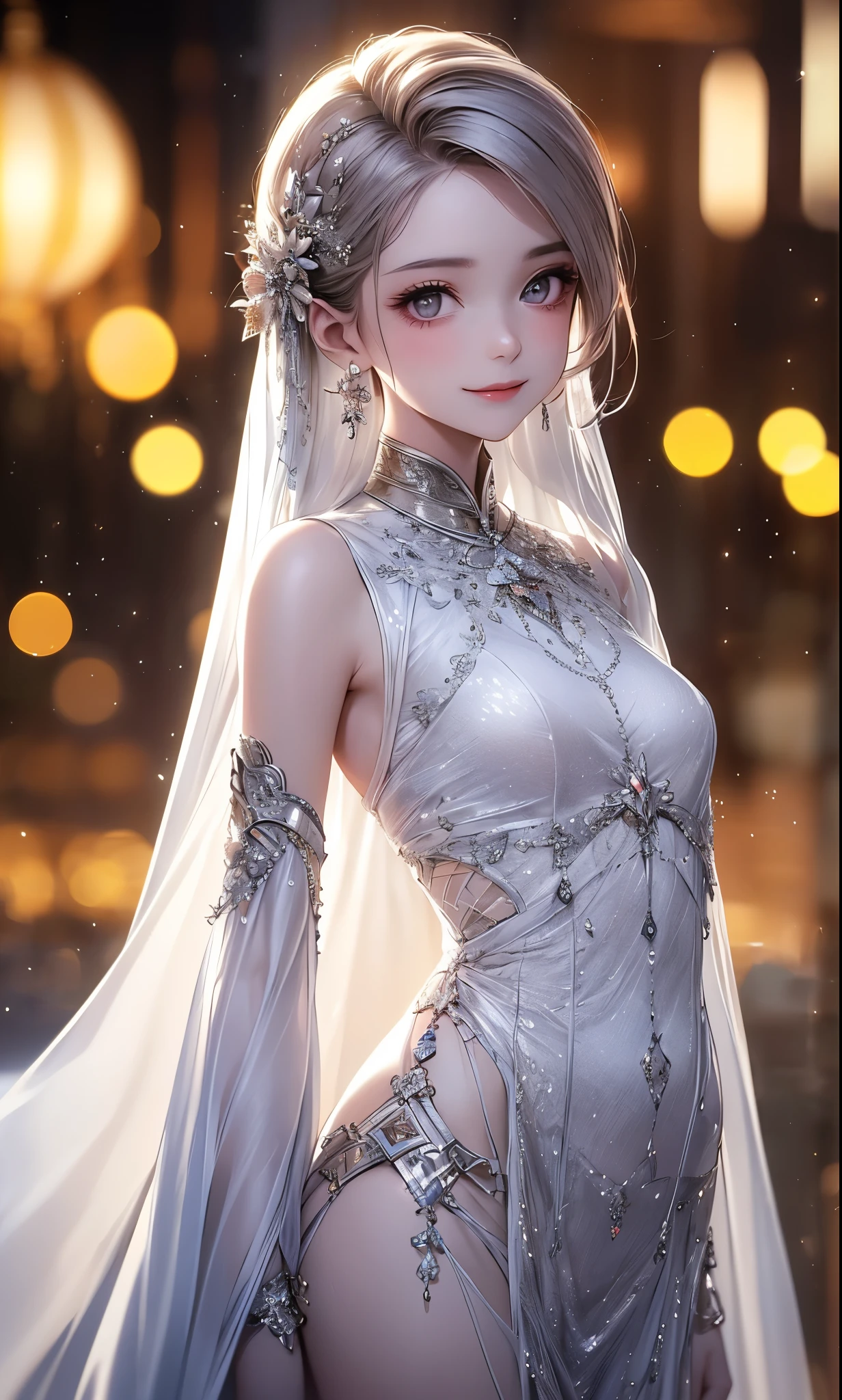 (masterpiece),(4K),High Quality,(small breasts),sexy girl、Sexy Saint , Long Silver Hair ,pale skin,smile, beautifully detailed grey eyes, ( high-definition and elegant ),( white cape let fashion), Magical Color and Atmosphere, detailed skin from sleeve to chest,(Cute sparkle), light particles, The background is softly blurry ,Add a dramatic and iconic element to your scene, description boundary ahead of the large end, Bokeh, Silky to the touch , see-through silk, soft, lightweight garment、beautiful and neat face、see-through 、 hyper details,creates a dreamy and elegant atmosphere