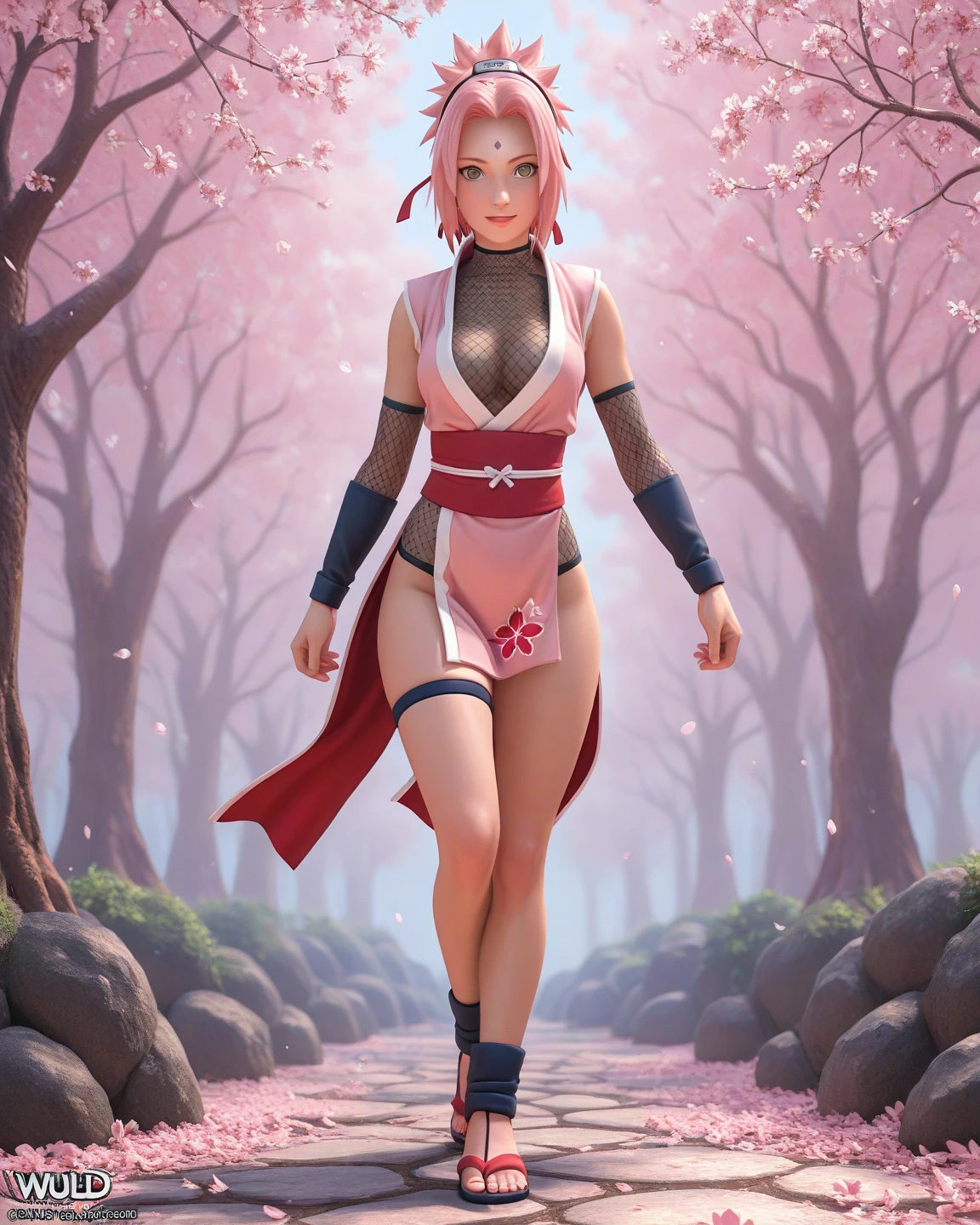((ultra quality)), ((masterpiece)), sakura, Naruto Shippuden, ((pinkshort hair)), (beautiful cute face), (beautiful female lips), Charming, ((sexy facial expression)), looks at the camera, eyes slightly open, (skin color white), (blue skin), glare on the body, ((detailed beautiful female eyes)), ((green eyes)), (juicy women's lip liner), (beautiful female hands), ((ideal female figure)), ideal female body, beautiful waist, gorgeous thighs, beautiful small breasts, ((thin and beautiful)), stands temptingly (Rear view), (sakura Uzumaki's clothes, black skinny shorts, leggings, Hidden Leaf Village Shinobi Clothes) background: hidden leaf village, Naruto shippuden, ((depth of field)), ((clear high quality image)), (Clear details), ((high detail)), anime