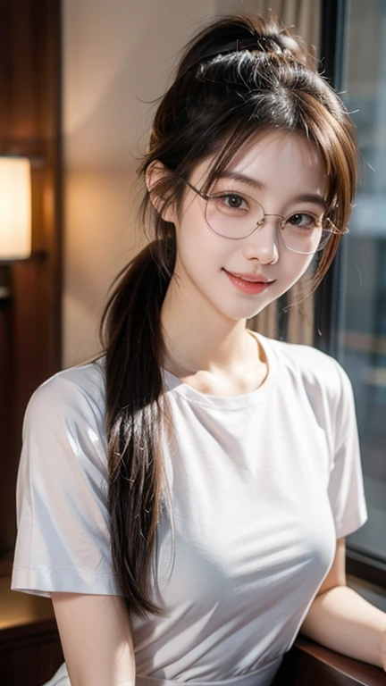 (Best quality, masterpiece, detailed), (RAW, 4k, hd images), shy, 1 girl, 17 years old, white skin, long hair, ponytail, layers hair, bangs, black hair, beautiful girl, cute girl, sweet girl, pretty girl, perfect girl, perfect body, pretty eyes, blue eyes, thin lips, (eye line, lip stick soft), perfect , glasses(detailed frame), indoors, smile, white tshirt, white wall background, looking front, half body