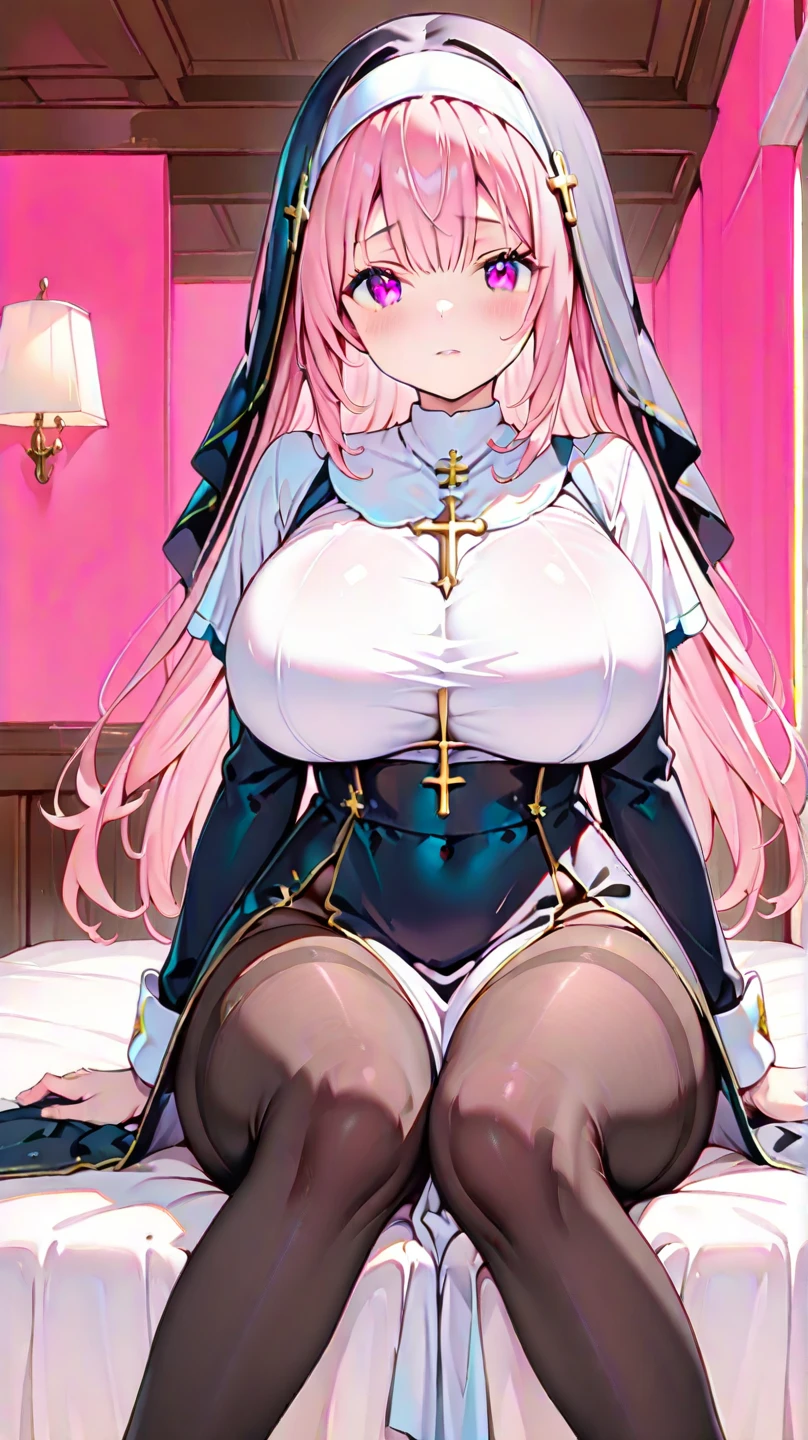 (masterpiece), best quality, expressive eyes, Shy, ashamed, charming face perfect face, long White Hair, orange eyes, milf , pink lips , milf face, short white dress Dressed as a Nun, atractive, mother ,cow ears , cow girl, 1girl, seductive smile, Neon Light, IncrsHeadGrabPOV,madure girl, Landscape, Japanese hotel room