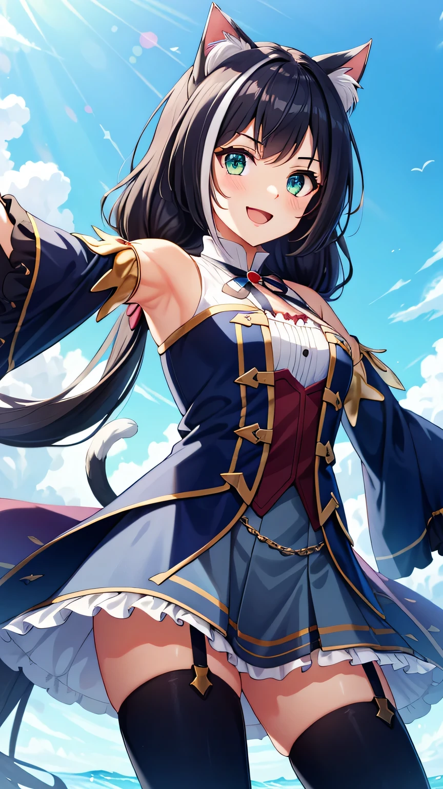 {{{masterpiece}}}, (best quality:1.5), (ultra-detailed:1.5), {illustration}, {{an extremely delicate and beautiful}}, (beautiful detailed eyes:1.6), absurdres, highres, extremely detailed face, 16k, hd, visual anime de uma jovem mulher, extremamente bonito rosto de anime, anime melhor garota, (perfect hands, perfect anatomy), anime face, Karyl(priconne), 1girl, solo, cute face, (karyldefault:1.3), animal ear, black hair, long hair, low twintails, purple hair bow, multicolored hair, streaked hair, vertical stripes, white hair, cat ears, cat girl, cat tail, green eyes, medium breasts, big hips, curvaceous, BREAK, Tailcoat, (Navy Blue jacket:1.5), Long hem, arm support, bare shoulders, (Navy Blue sleeves:1.5), red bustier, black ribbon(red  brooch), detached sleeves, dress, frilled sleeves, wide sleeves, neck ribbon, sleeveless, sleeveless dress, wallet chain(red gem), purple frilled skirt, white pannier, black thighhighs, brown boots, thighs, zettai ryouiki, BREAK, A beautiful young woman smiles with her arms outstretched in a medieval European city, outstretched arms, open mouth, day, under the sunlight ,from below, sky