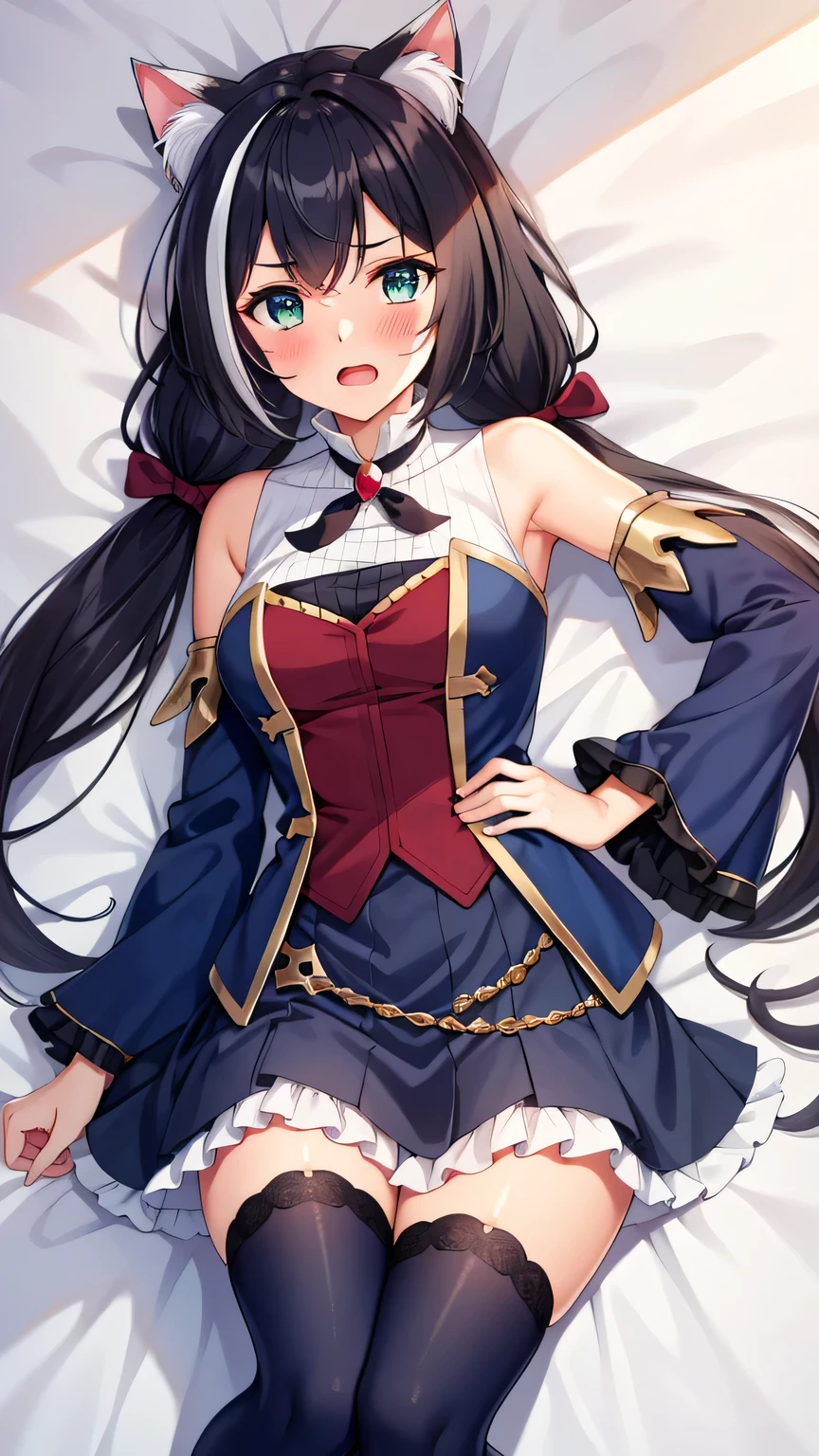 {{{masterpiece}}}, (best quality:1.5), (ultra-detailed:1.5), {illustration}, {{an extremely delicate and beautiful}}, (beautiful detailed eyes:1.6), absurdres, highres, extremely detailed face, 16k, hd, visual anime de uma jovem mulher, extremamente bonito rosto de anime, anime melhor garota, (perfect hands, perfect anatomy), anime face, Karyl(priconne), 1girl, solo, cute face, (karyldefault:1.3), animal ear, black hair, long hair, low twintails, purple hair bow, multicolored hair, streaked hair, vertical stripes, white hair, cat ears, cat girl, cat tail, green eyes, medium breasts, big hips, curvaceous, BREAK, Tailcoat, (Navy Blue jacket:1.5), Long hem, arm support, bare shoulders, (Navy Blue sleeves:1.5), red bustier, black ribbon(red brooch), detached sleeves, dress, frilled sleeves, wide sleeves, neck ribbon, sleeveless, sleeveless dress, wallet chain(red gem), purple frilled skirt, white pannier, black thighhighs, brown boots, thighs, zettai ryouiki, BREAK, lying, on back, open mouth, embarrassed, naughty expression, embarrassed, flushed cheeks, looking at viewer, on the bed, Dakimakura, CarnelianDakimakura