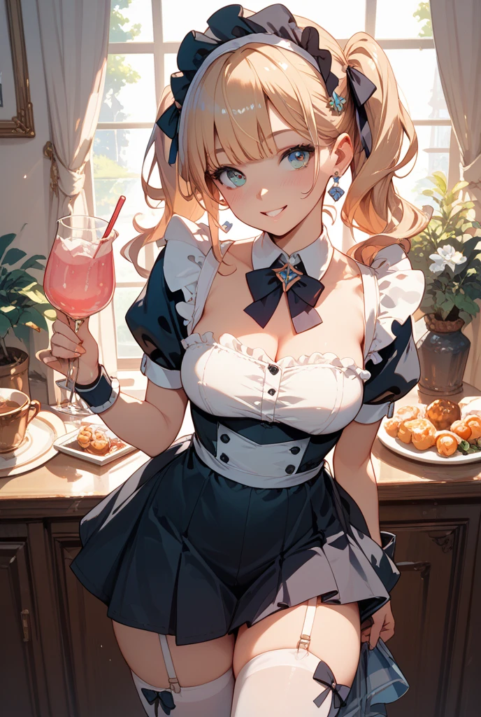 (masterpiece, top quality, detailed drawing, beautiful hair, beautiful eyes, perfect face, perfect human structure), store in a weird mood, short twin-tail, blonde hair, very baby face, droopy eyes, heterochromia, pink eye, orange eye, very huge breasts, height 145cm, girl wearing bunny ears, smiling and carrying drinks wearing bunny girl costume with bunny ears, smiling and serving drinks.