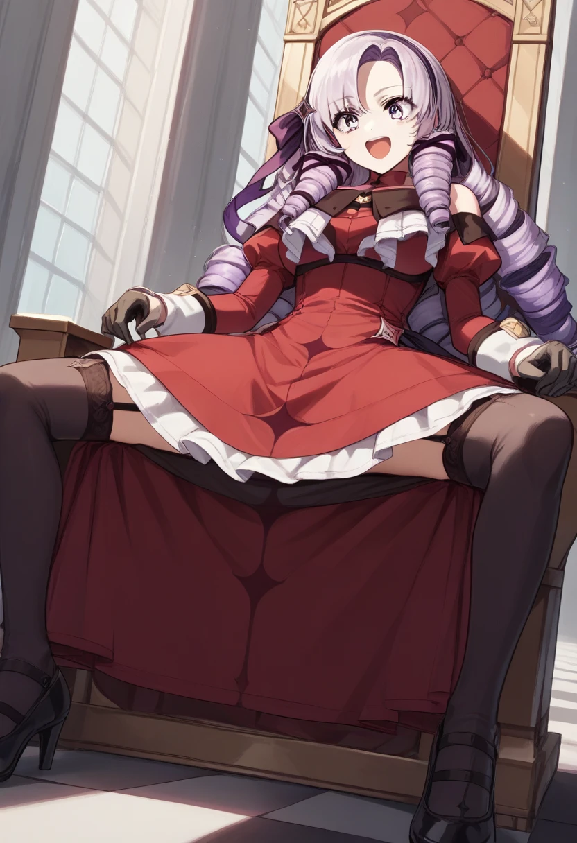 sitting,
squating,
looking down,
look at the viewer,
from below,Lacy white panties,cameltoe,beautiful, (masterpiece:1.2), (Highest quality:1.2), Perfect Eyes, Perfect Face, Perfect lighting,One girl, Oily skin,masterpiece, Highest quality, High resolution, (Salome), Drill Hair, Parted bangs, hair band, ribbon, Purple eyes, Large Breasts, tattoo, ((Red tight dress made of cupra material)),mini skirt,Long sleeve, Bare shoulders, Black gloves, Cowboy Shot,Open your mouth,((headset)),Constricted eyes,),